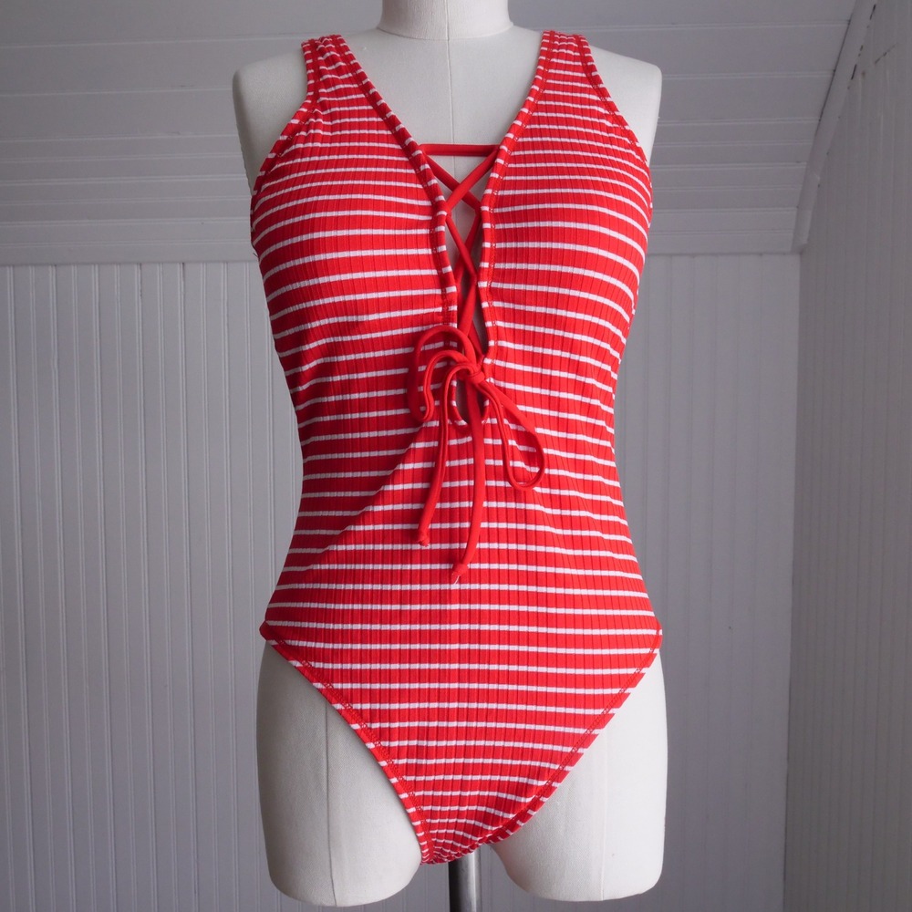 Modern‎ Robin Piccone sailor lace up plunge one piece swimsuit 203418 red/white
